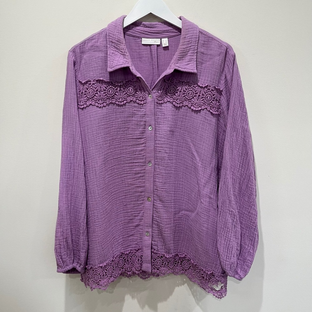 Susan Graver Para 1X Purple Gauze Button Down Shirt Crochet Trim‎ Long Sleeve